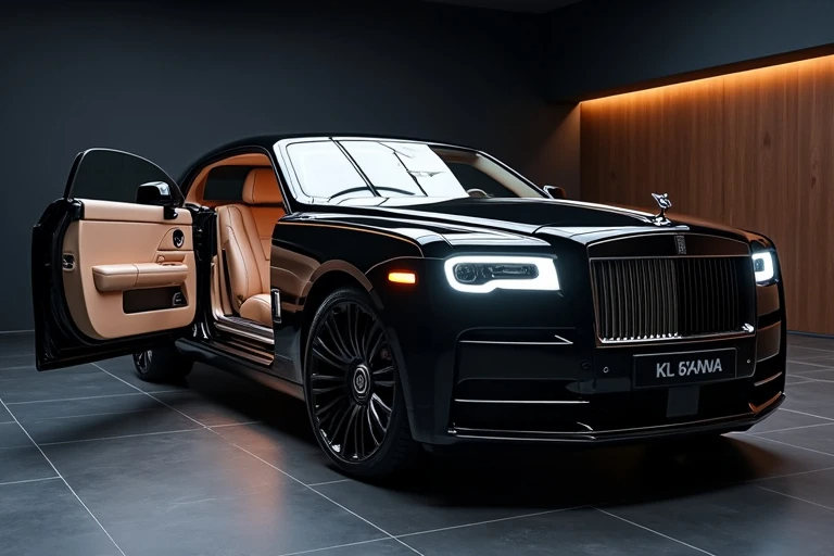 Rolls-Royce with visible carbon fiber interior and exterior accents, showcasing luxury craftsmanship and advanced materials in a showroom setting