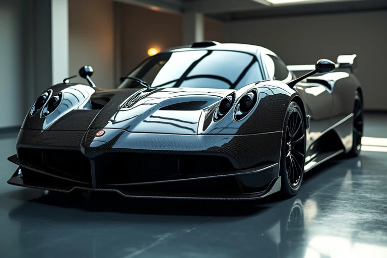 Close-up of a Pagani hypercar featuring exposed carbon fiber panels and luxury automotive design in a modern garage setting.