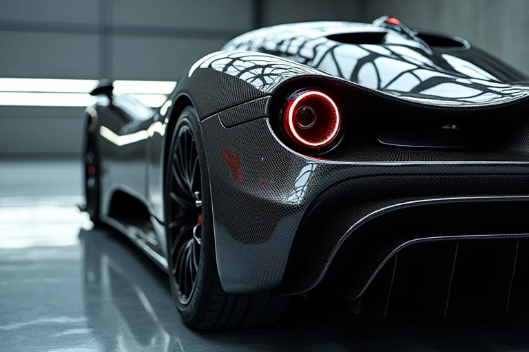 Close-up of a Pagani hypercar featuring exposed carbon fiber panels and luxury automotive design in a modern garage setting.