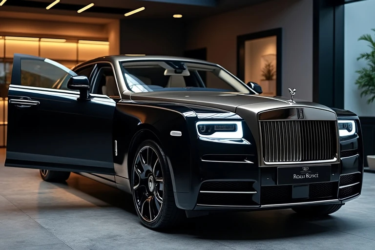 Rolls-Royce with visible carbon fiber interior and exterior accents, showcasing luxury craftsmanship and advanced materials in a showroom setting
