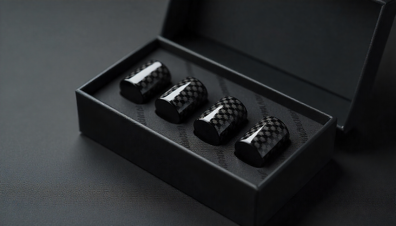Luxury carbon fiber tire valve caps in a premium gift box with glossy finish and elegant presentation