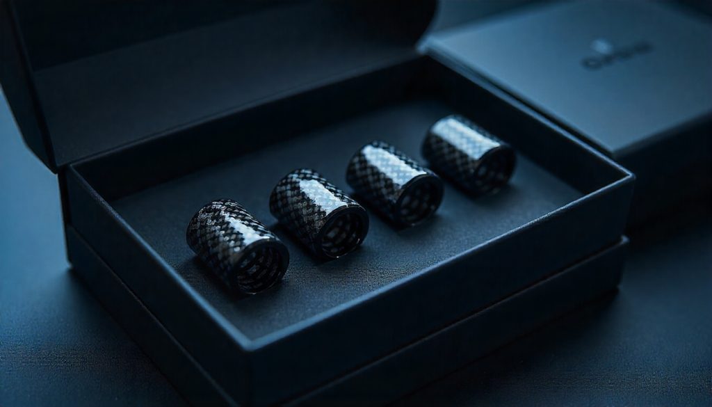 Luxury carbon fiber tire valve caps in a premium gift box with glossy finish and elegant presentation