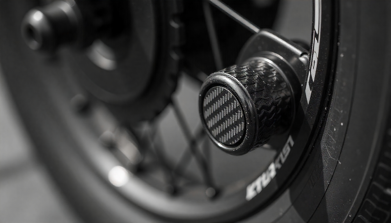 Carbon fiber tire valve cap on a bike wheel and ATV tire highlighting durability, premium design, and compatibility.