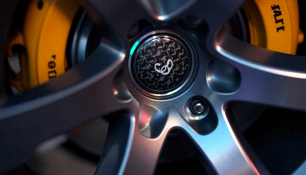 Carbon fiber tire valve caps with twill weave and glossy finish on a luxury sports car wheel.