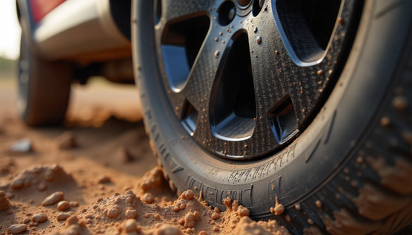 Carbon fiber tire valve caps on an off-road SUV wheel with mud splashes, highlighting durability and premium weave design.