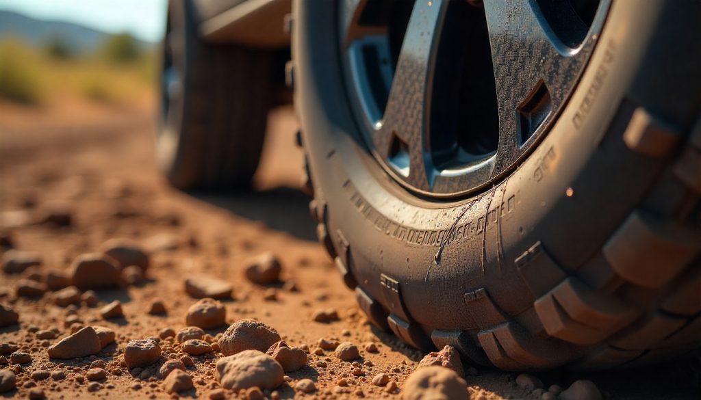 Carbon fiber tire valve caps on an off-road SUV wheel with mud splashes, highlighting durability and premium weave design.