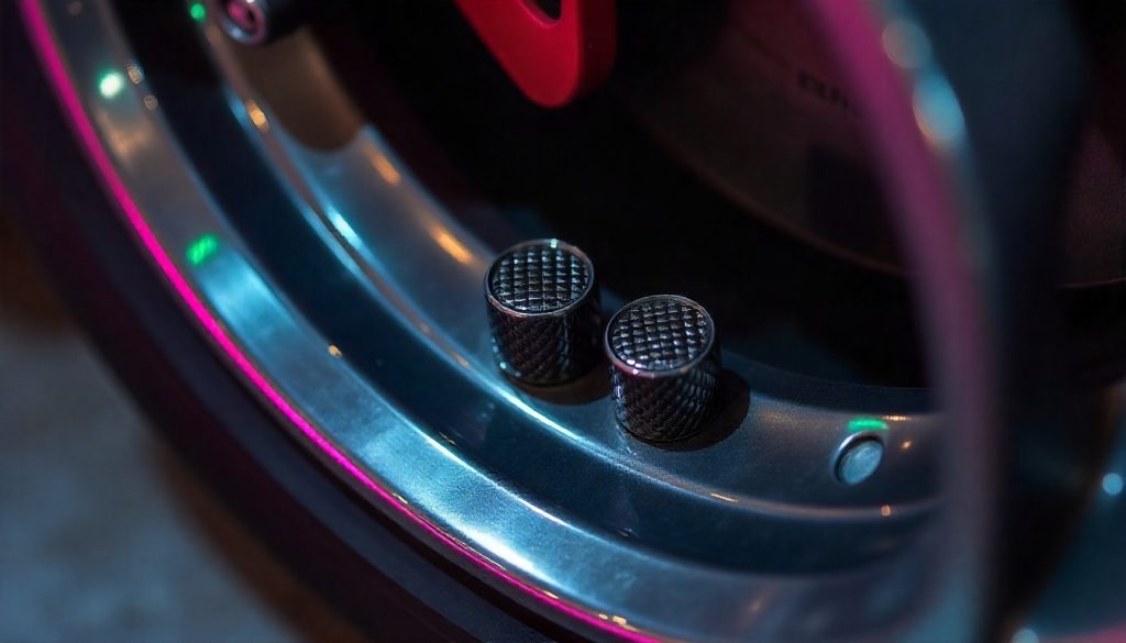 Luxury handcrafted carbon fiber tire valve caps made in the USA on an exotic sports car wheel, showcasing premium finish and precision craftsmanship.