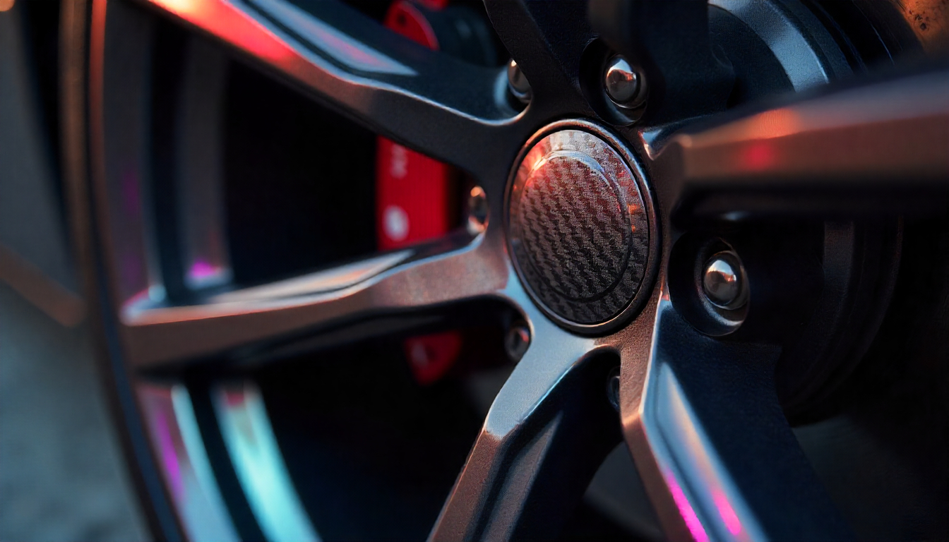 Close-up of a luxury sports car wheel featuring glossy carbon fiber tire valve caps with detailed weave pattern and premium finish.