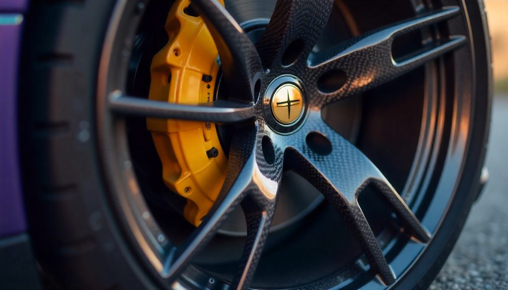 Close-up of a luxury sports car wheel featuring glossy carbon fiber tire valve caps with detailed weave pattern and premium finish.