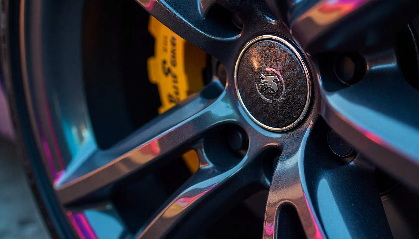 Close-up of carbon fiber tire valve caps on luxury sports car wheels with matching carbon fiber accessories, highlighting premium design and performance styling.