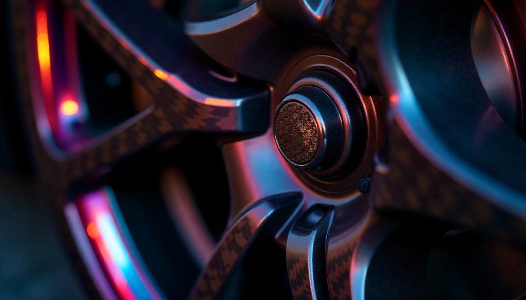 Close-up of carbon fiber tire valve caps on luxury sports car wheels with matching carbon fiber accessories, highlighting premium design and performance styling.