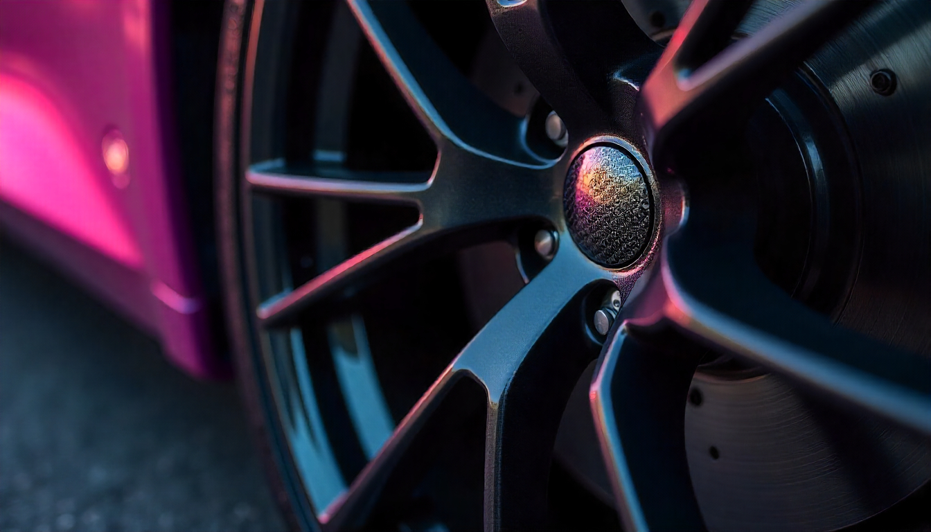 Close-up of a luxury sports car wheel with carbon fiber tire valve caps showcasing premium handcrafted carbon fiber automotive accessories.