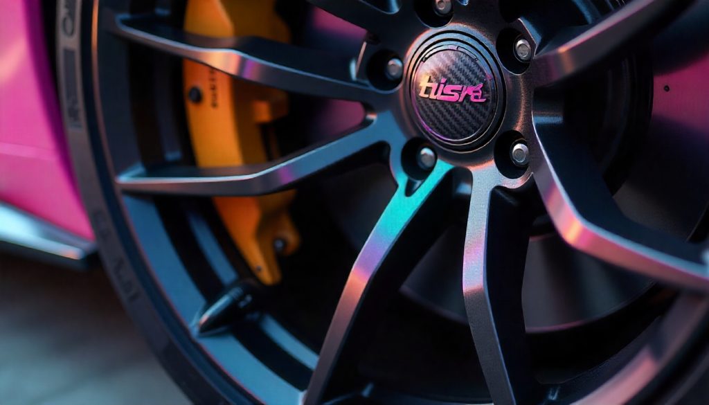 Close-up of a luxury sports car wheel with carbon fiber tire valve caps showcasing premium handcrafted carbon fiber automotive accessories.