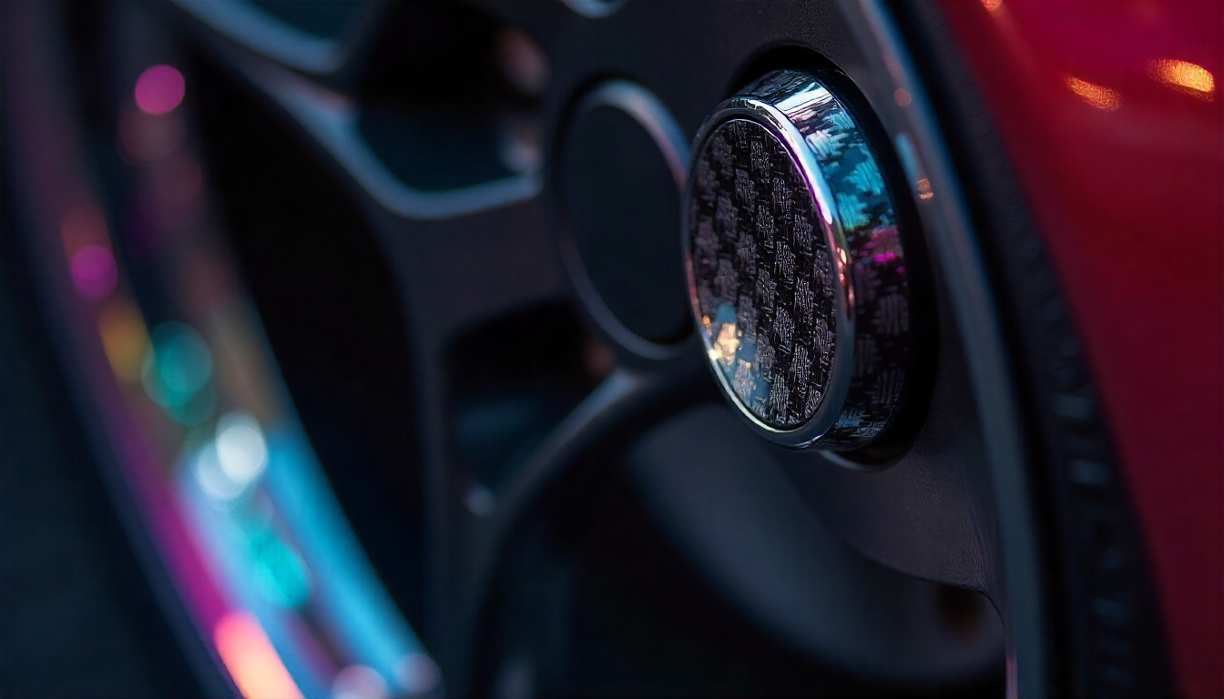 Close-up of a carbon fiber tire valve cap on a luxury sports car wheel, showcasing the premium weave pattern and performance-inspired design.