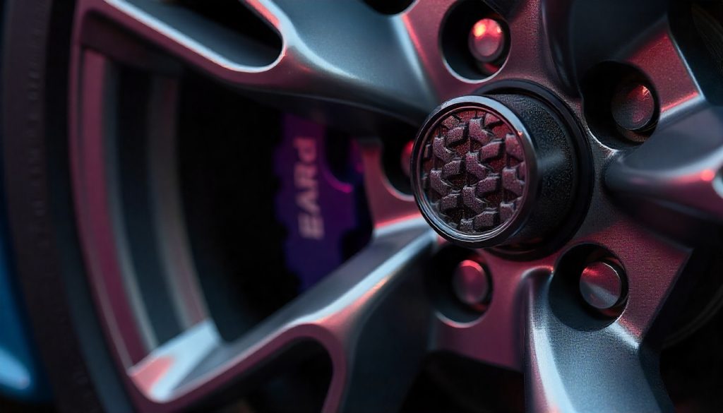 Close-up of a carbon fiber tire valve cap on a luxury sports car wheel, showcasing the premium weave pattern and performance-inspired design.