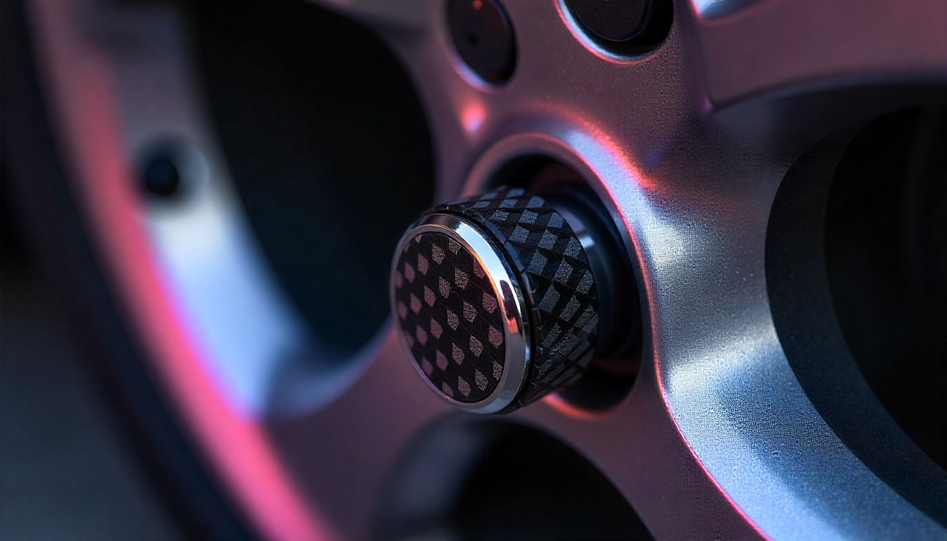Close-up of handcrafted carbon fiber tire valve caps with glossy weave finish, aluminum core, and precision knurled grip on a luxury sports car wheel.