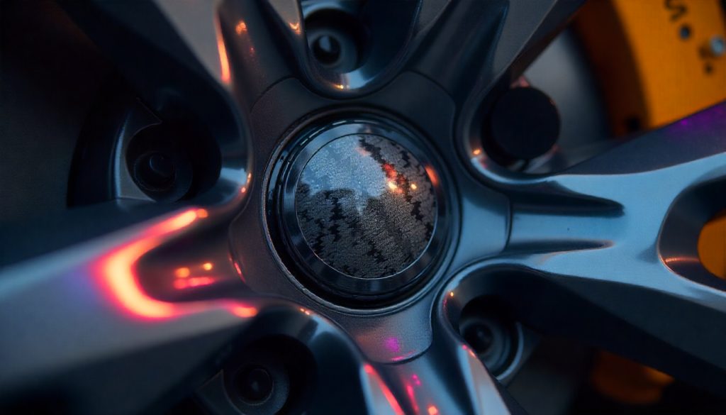 Close-up of handcrafted carbon fiber tire valve caps with glossy weave finish, aluminum core, and precision knurled grip on a luxury sports car wheel.