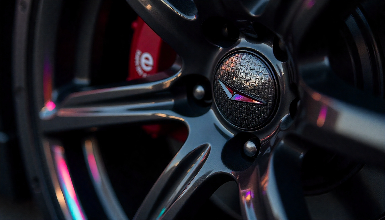 Close-up of glossy carbon fiber tire valve caps on an exotic sports car wheel highlighting premium weave texture and luxury automotive detail.