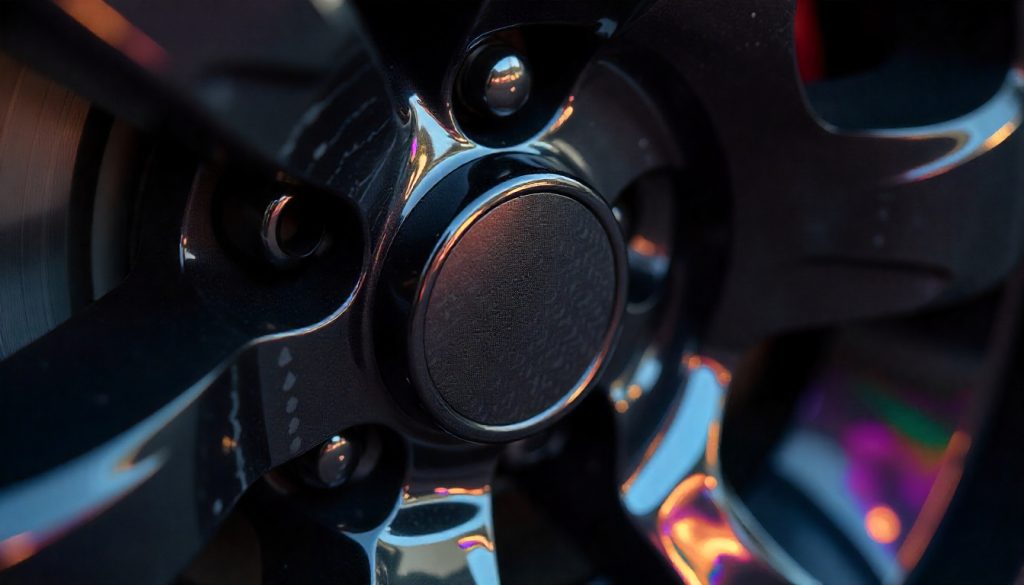 Close-up of glossy carbon fiber tire valve caps on an exotic sports car wheel highlighting premium weave texture and luxury automotive detail.