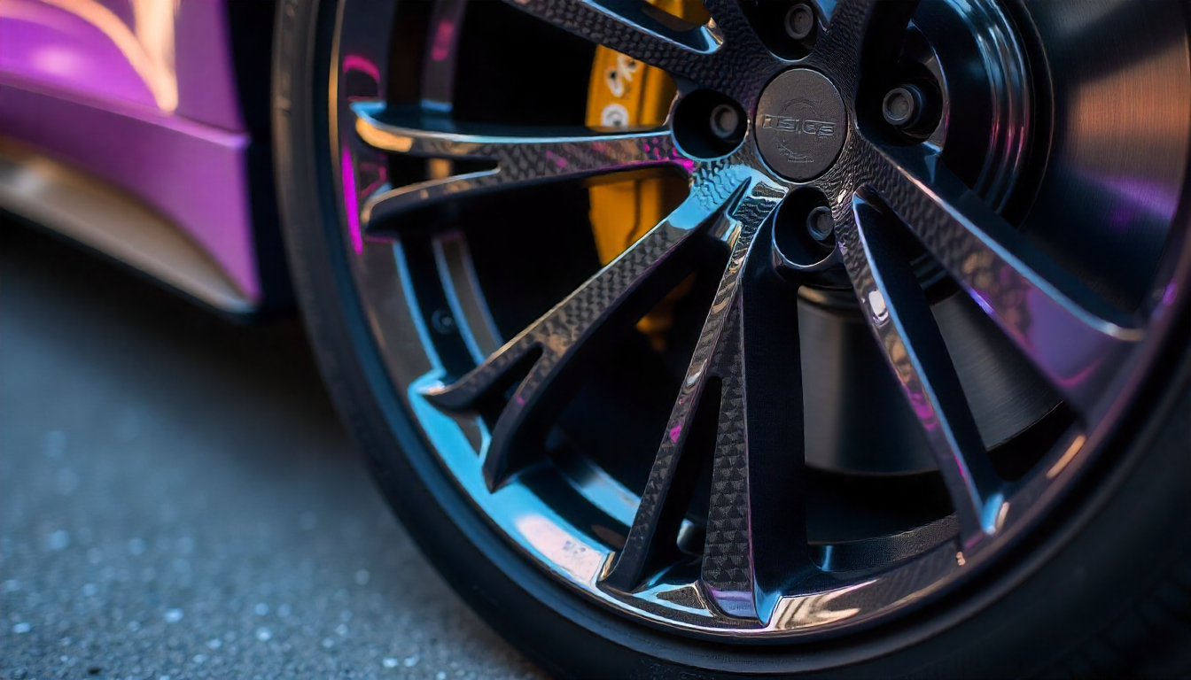 Close-up of a luxury car wheel with glossy carbon fiber tire valve caps, showcasing the premium weave pattern and high-performance design.
