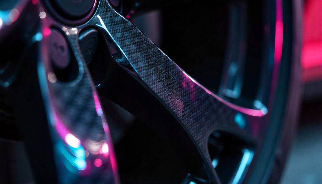 Close-up of a luxury car wheel with glossy carbon fiber tire valve caps, showcasing the premium weave pattern and high-performance design.