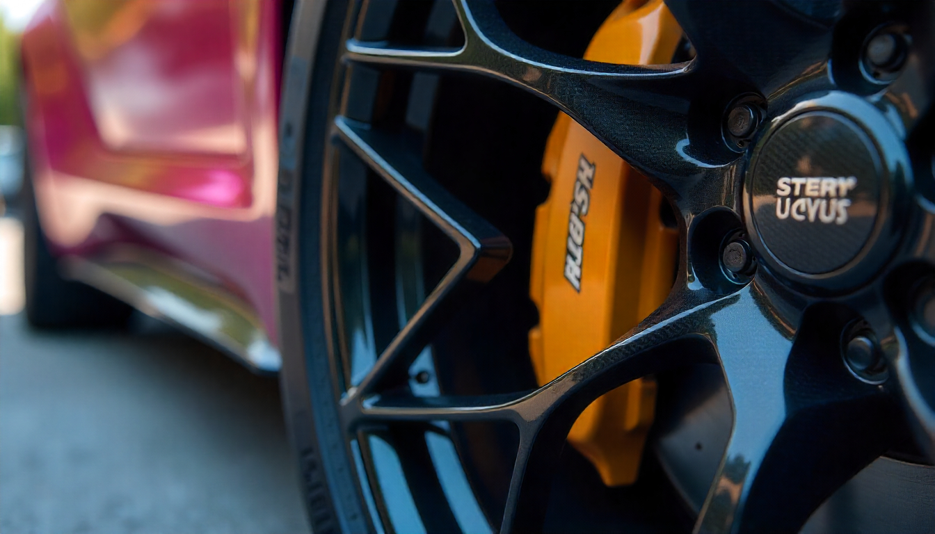 Close-up of carbon fiber tire valve caps on a luxury sports car wheel, highlighting the glossy weave pattern and premium automotive design.