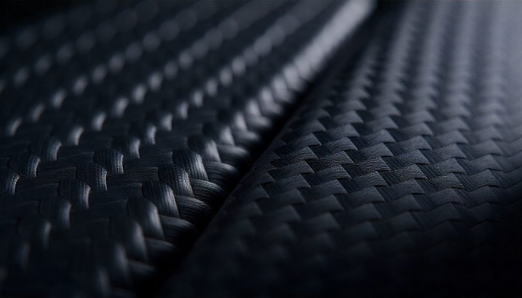 Close-up of real carbon fiber showing both glossy and matte finishes with detailed weave texture and premium automotive styling.