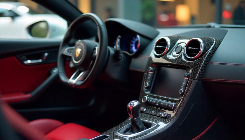 Close-up of exotic sports car with custom handcrafted carbon fiber steering wheel, dashboard trim, and license plate frame in a glossy weave pattern.