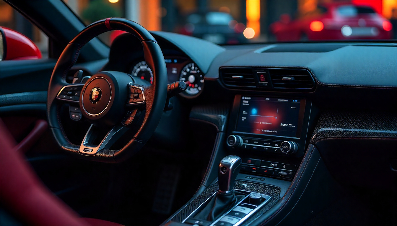 Close-up of exotic sports car with custom handcrafted carbon fiber steering wheel, dashboard trim, and license plate frame in a glossy weave pattern.