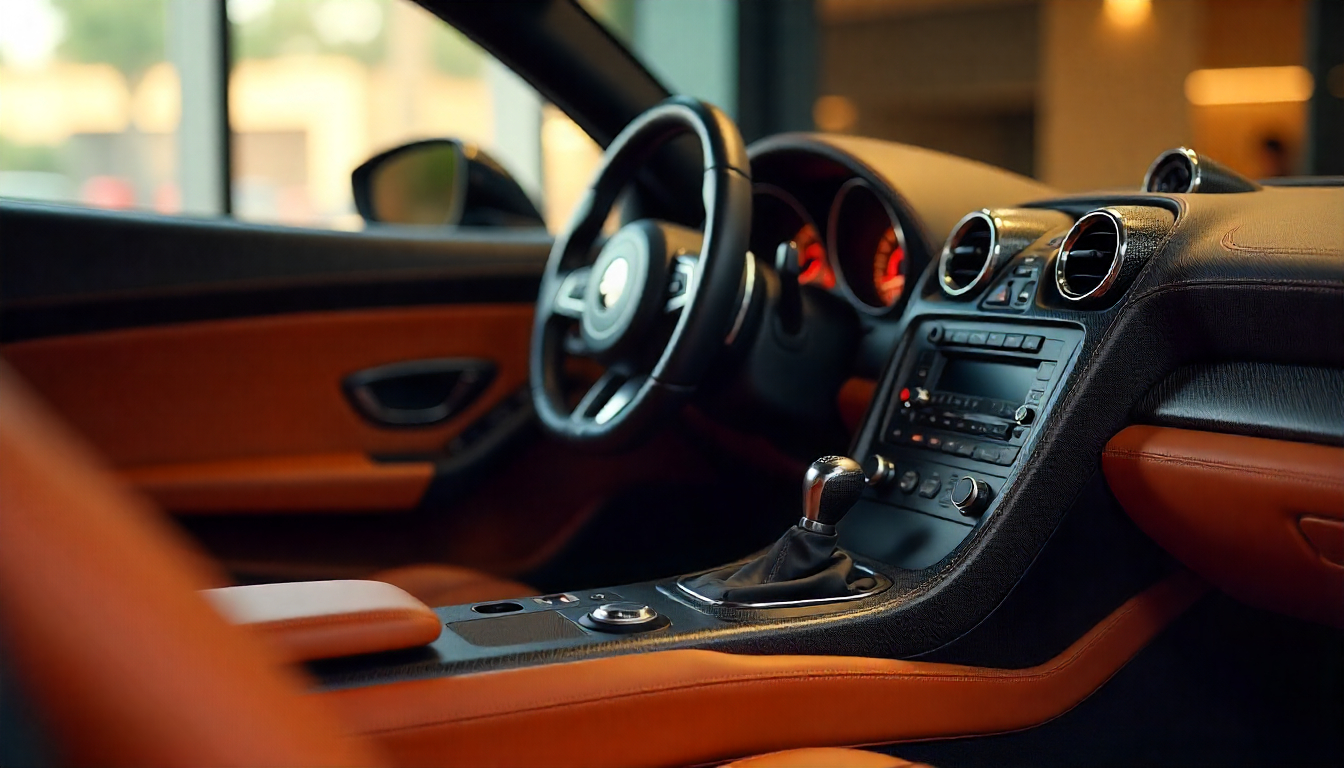 Close-up of a luxury sports car featuring handcrafted carbon fiber parts including steering wheel, dashboard trim, and exterior accents, highlighting glossy weave patterns and premium craftsmanship.