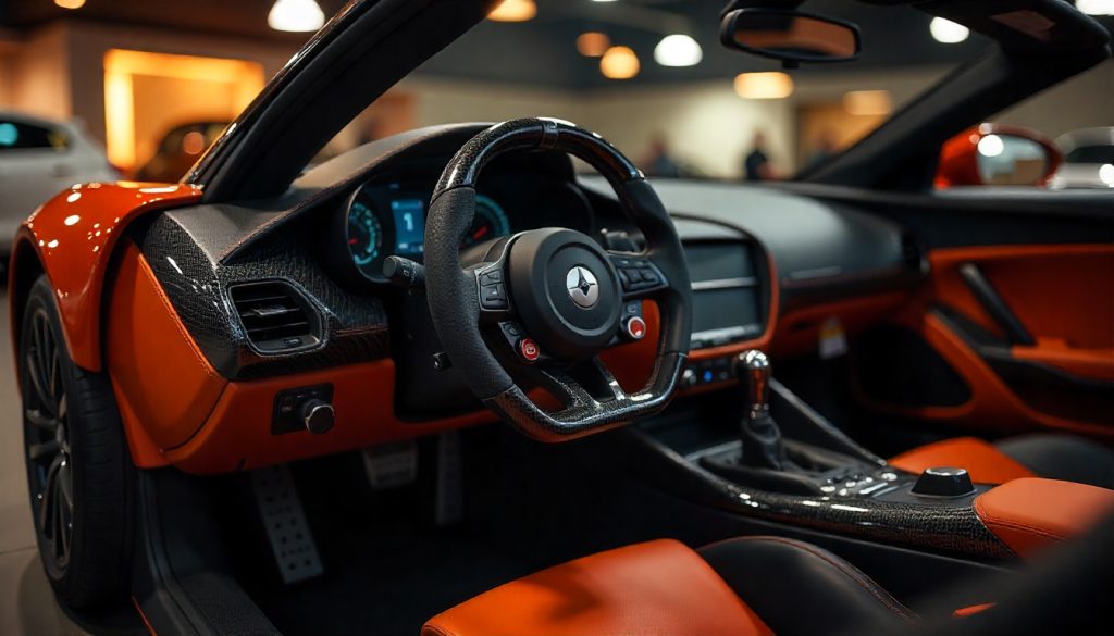 Close-up of a luxury sports car featuring handcrafted carbon fiber parts including steering wheel, dashboard trim, and exterior accents, highlighting glossy weave patterns and premium craftsmanship.