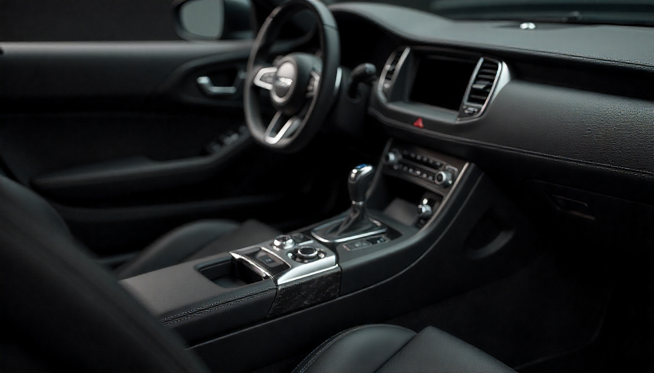 Close-up of a glossy handcrafted carbon fiber car part inside a luxury sports car, highlighting woven texture and premium craftsmanship
