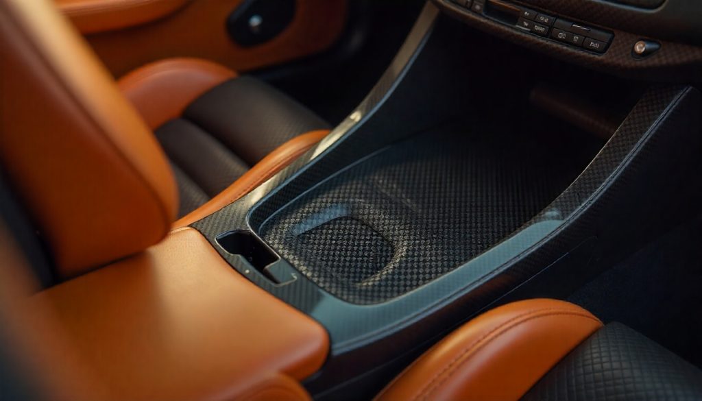 Close-up of a glossy handcrafted carbon fiber car part inside a luxury sports car, highlighting woven texture and premium craftsmanship