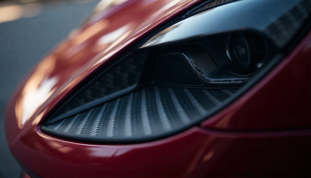 Close-up of premium handcrafted carbon fiber car part with glossy weave pattern on a luxury sports car