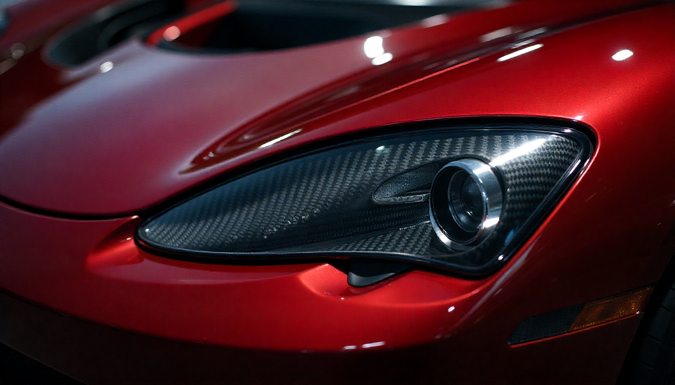 Close-up of premium handcrafted carbon fiber car part with glossy weave pattern on a luxury sports car