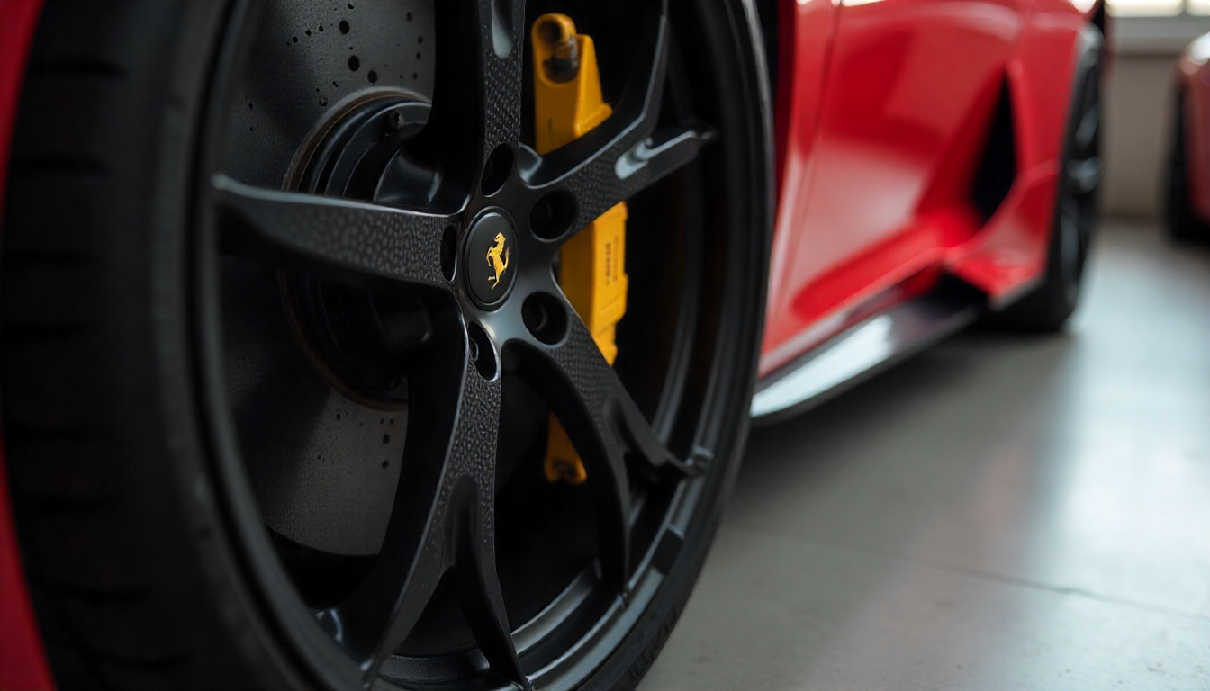 Close-up of exotic car wheels with carbon fiber tire valve caps, matching wheel mods, and titanium bolts, showcasing premium handcrafted carbon fiber accessories.