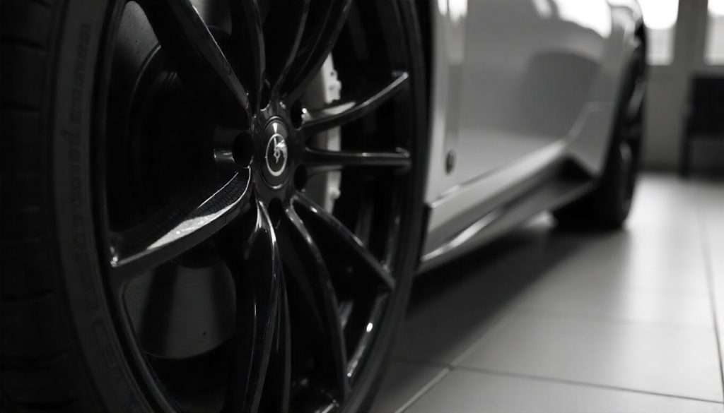 Close-up of exotic car wheels with carbon fiber tire valve caps, matching wheel mods, and titanium bolts, showcasing premium handcrafted carbon fiber accessories.