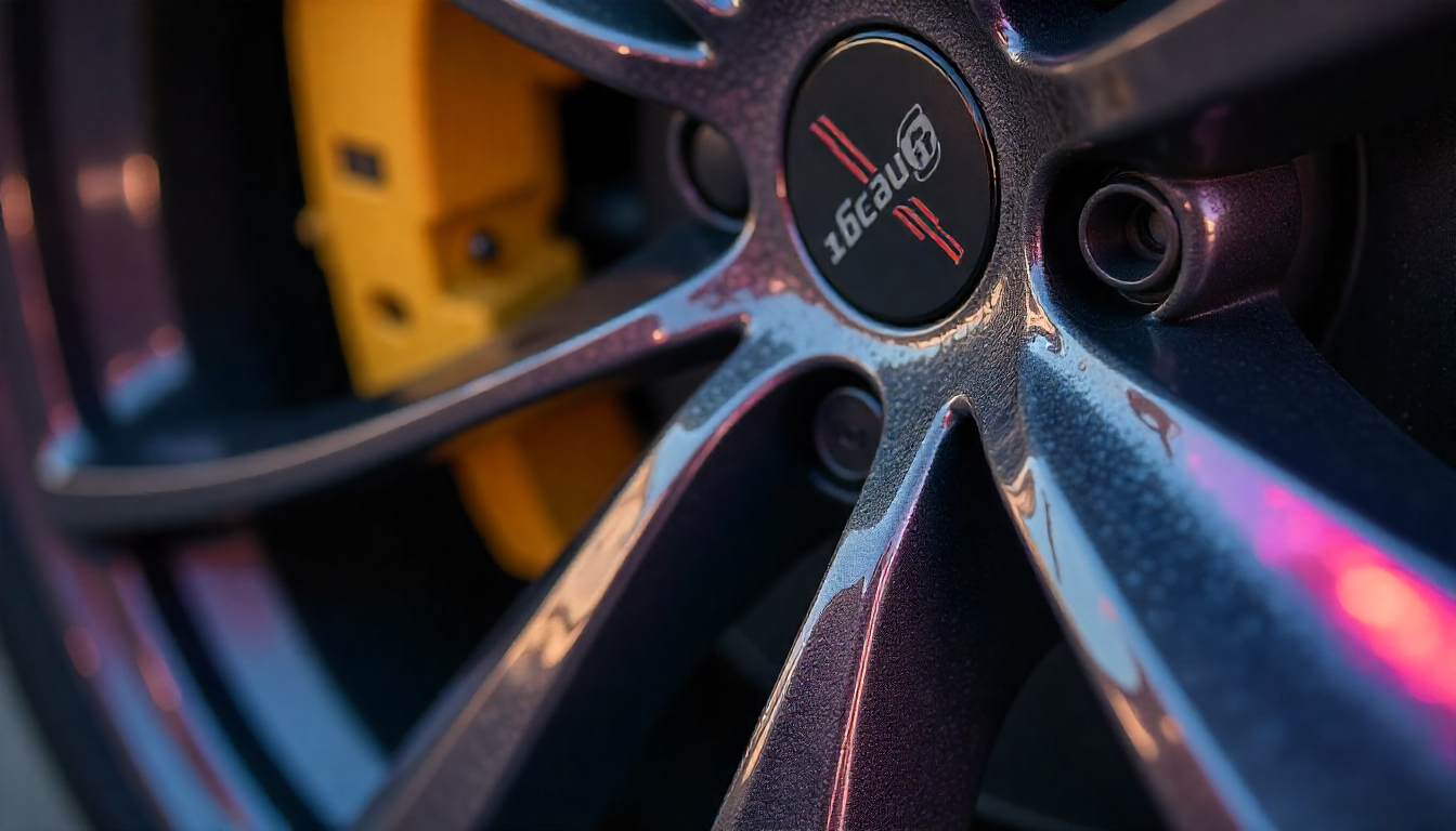 Close-up of carbon fiber tire valve caps on a luxury sports car wheel highlighting premium craftsmanship and durability.