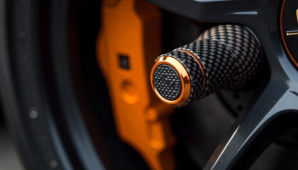 Close-up of carbon fiber tire valve caps on a luxury sports car wheel highlighting premium craftsmanship and durability.