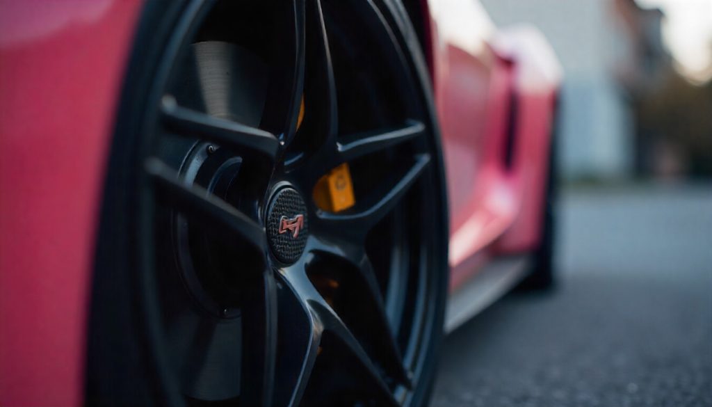 Close-up of a carbon fiber tire valve cap on a luxury sports car wheel, highlighting its glossy weave pattern and premium design.