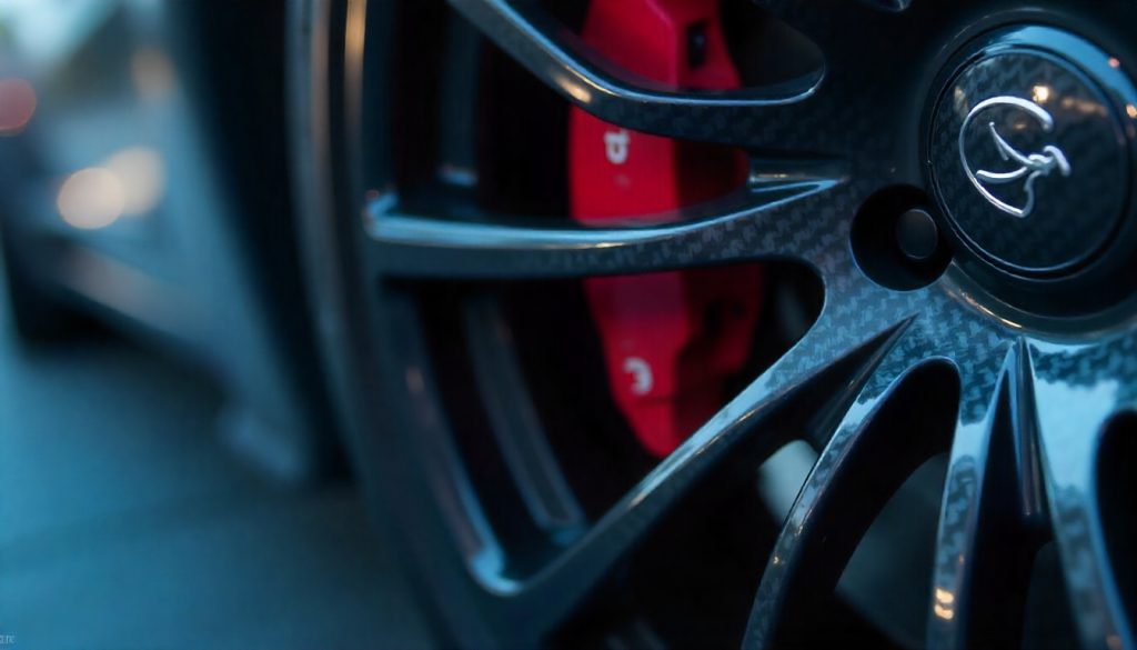 Close-up view of carbon fiber tire valve caps on a high-end sports car wheel, highlighting the glossy carbon fiber weave and premium automotive design.