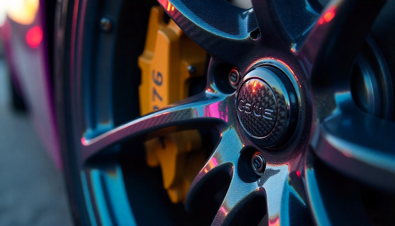 Close-up view of carbon fiber tire valve caps on a high-end sports car wheel, highlighting the glossy carbon fiber weave and premium automotive design.