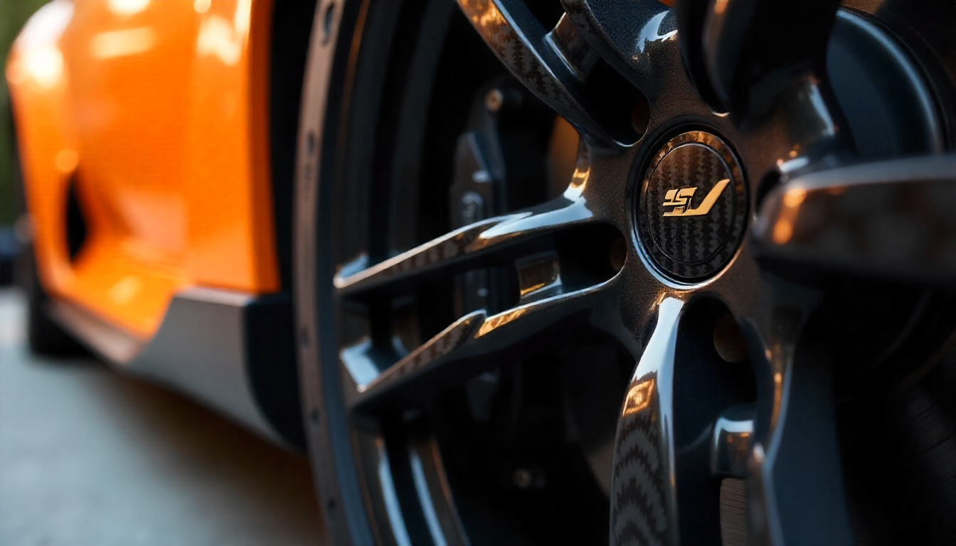 Close-up of a luxury sports car wheel with carbon fiber tire valve caps showcasing premium detailing and high-performance style.
