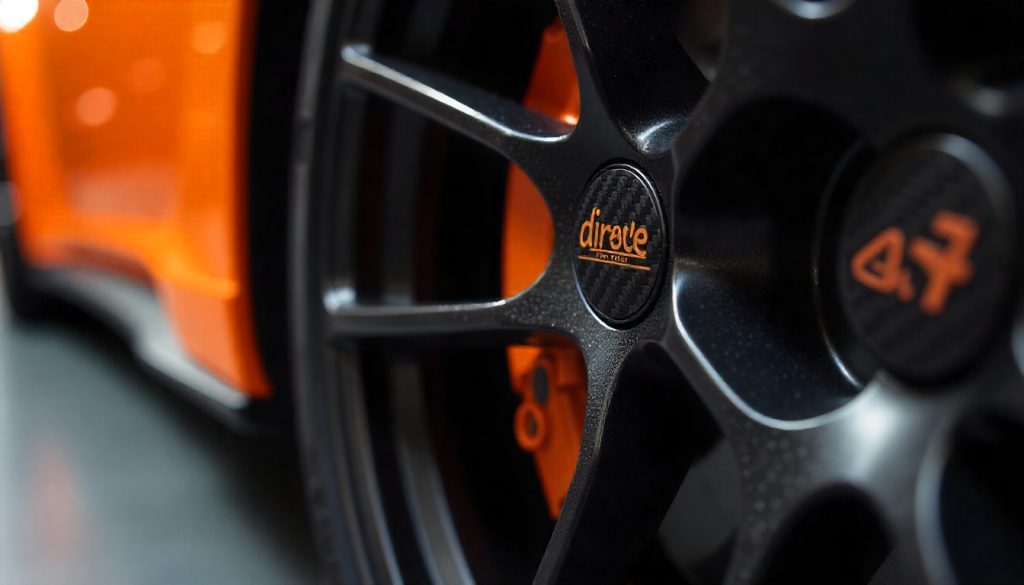 Close-up of a luxury sports car wheel with carbon fiber tire valve caps showcasing premium detailing and high-performance style.