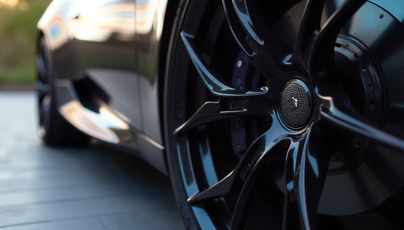 Close-up of a carbon fiber tire valve cap on a luxury sports car wheel showing the signature weave pattern and premium automotive design.