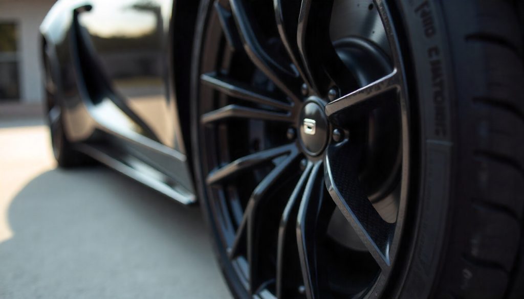 Close-up of a carbon fiber tire valve cap on a luxury sports car wheel showing the signature weave pattern and premium automotive design.