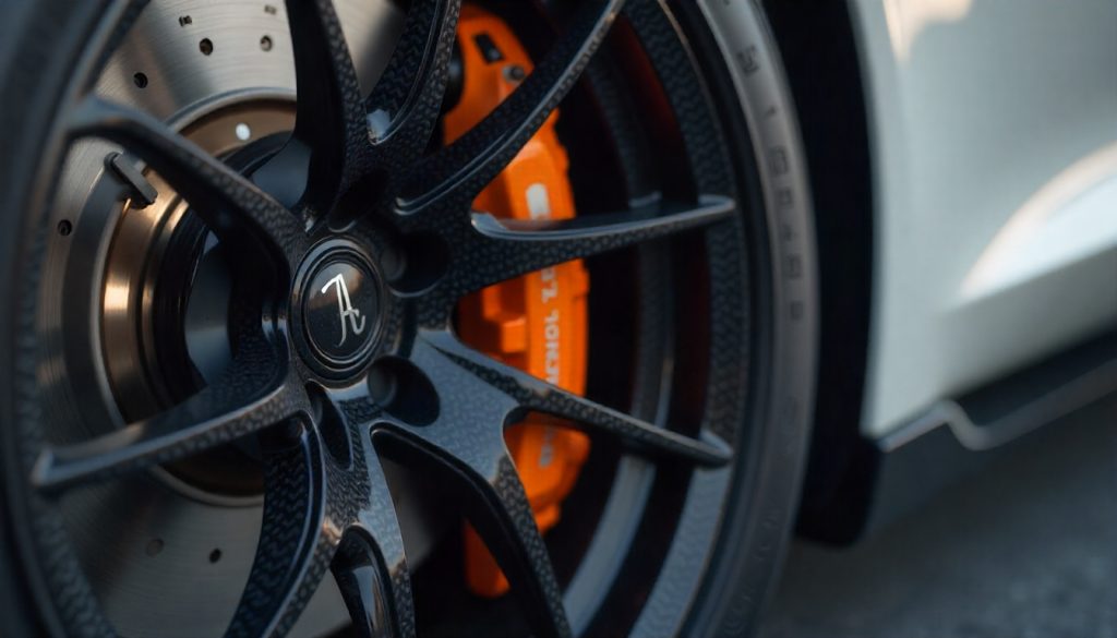 Close-up of a luxury sports car wheel featuring premium carbon fiber tire valve caps designed for high-speed performance and durability.