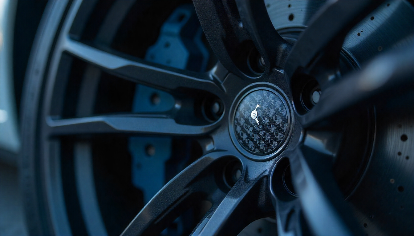Close-up of a luxury sports car wheel featuring premium carbon fiber tire valve caps designed for high-speed performance and durability.