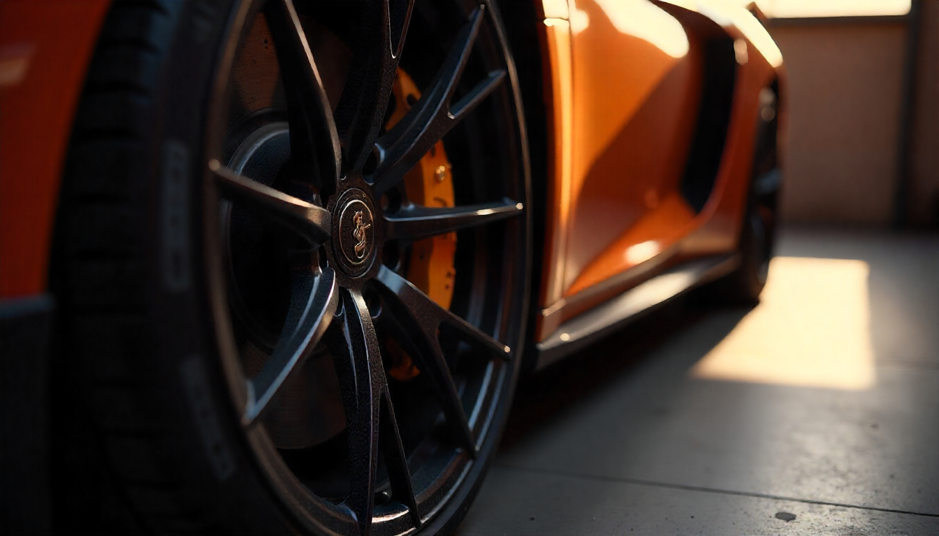 Close-up of a sports car wheel featuring glossy handcrafted carbon fiber tire valve caps, highlighting premium design and durability.