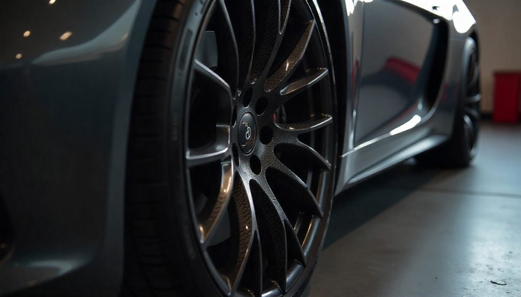 Close-up of a sports car wheel featuring glossy handcrafted carbon fiber tire valve caps, highlighting premium design and durability.